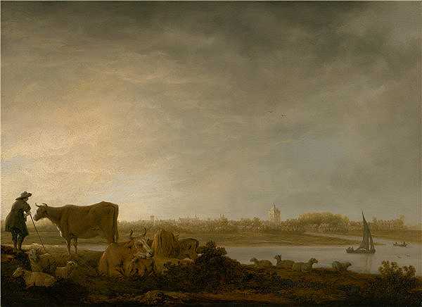 艾伯特·奎普 Aelbert Cuyp）-Vianen与牧民和牛在河边的景色 1643年