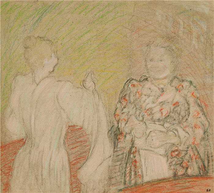 爱德华·维亚尔[Édouard Vuillard，法国画家]作品-维亚尔夫人与小女孩交谈 [1893]