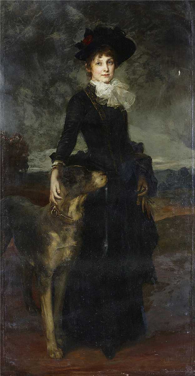 弗里德里希·奥古斯特·冯·考尔巴赫 [Friedrich August von Kaulbach，德国画家]作品-《米娜考尔巴赫和大丹犬》