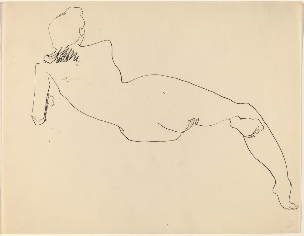 原版画库-Rear View of Reclining Female Nude Leaning on Left Elbow-68961