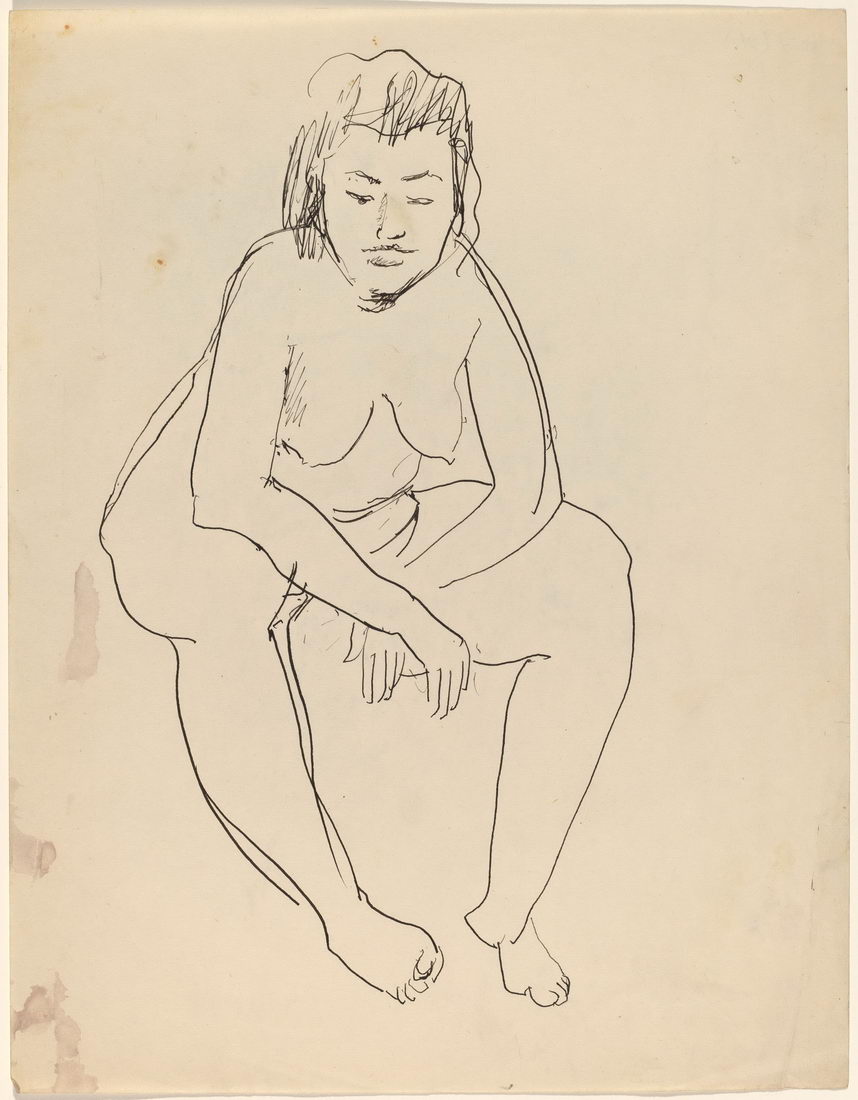 原版画库-Seated Nude Woman Leaning Forward Elbows on Knees-68699