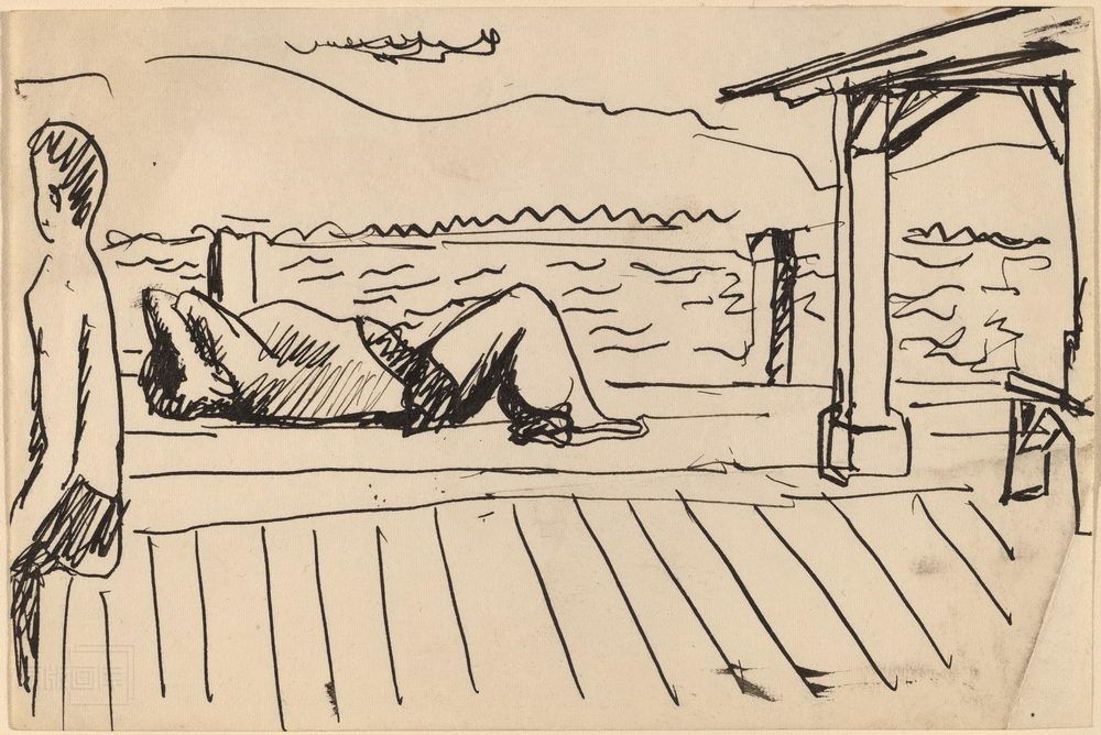 原版画库-Two Figures Sunbathing on Waterside Dock-68829