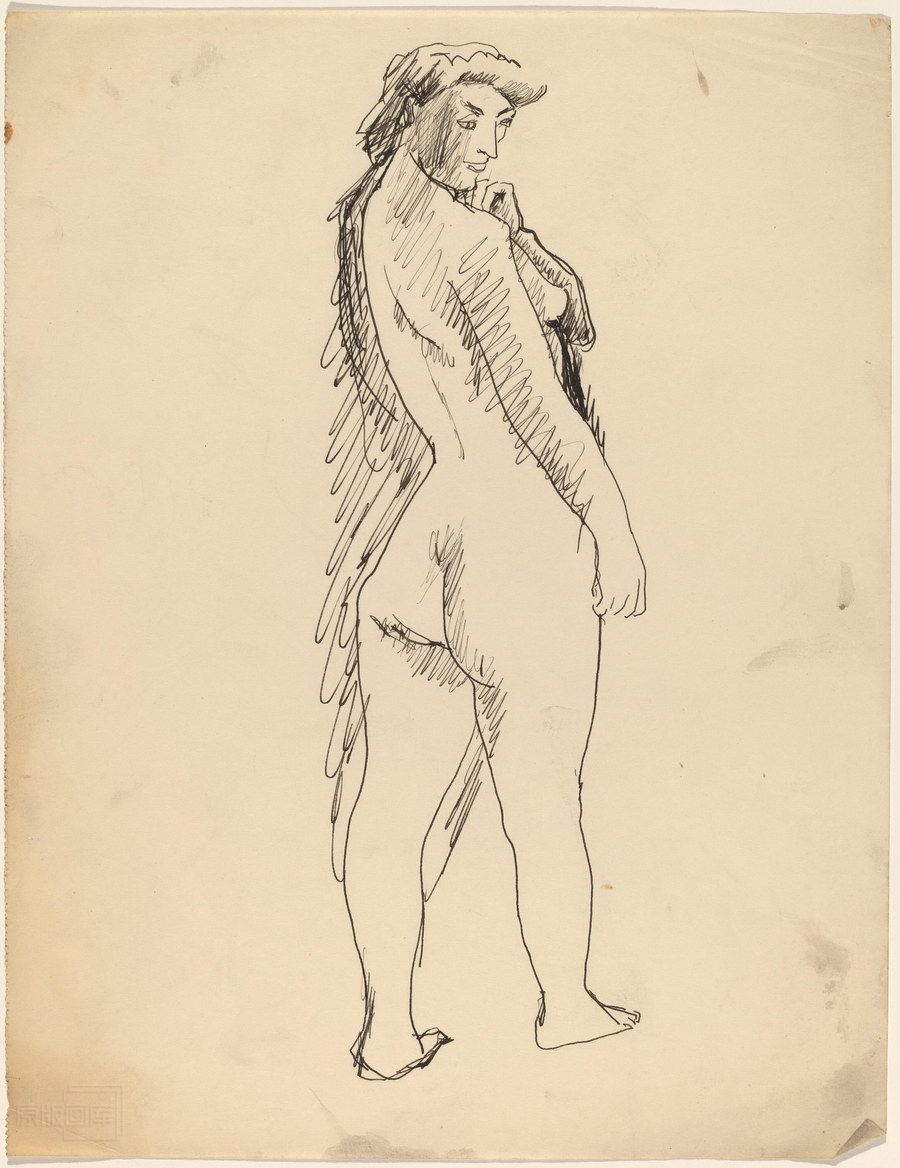 原版画库-Standing-Female-Nude-Seen-from-Behind-in-Three-Quarters-View--Left-Hand-at-Chin-68942