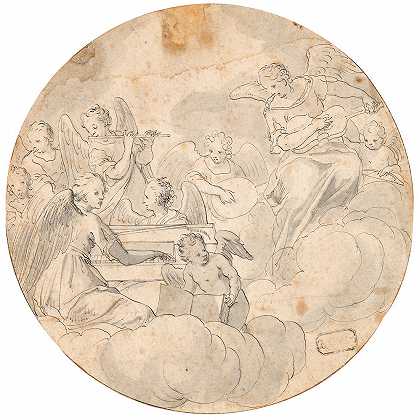 弗里德里希·苏斯特里斯周界/圆圈（1540-1599）。Cäcilie周围环绕着音乐天使，1900年以前的绘画大师和版画、水彩、微型画` by Friedrich Sustris Umkreis/Circle (1540-1599) Hl. Cäcilie umgeben von musizierenden Engeln,