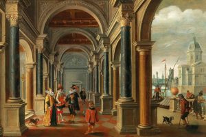 “巴托洛缪斯·范·巴森（Bartholomeus van Bassen）的一座古典拱廊，有着优雅的人物形象，右边是城市风景