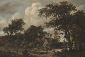 Meindert Hobbema的《带小屋和骑士的森林风景》