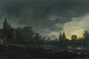 阿尔特·范德内尔（Aert van der Neer）的《月光河风景，人物站在门前，远处的村庄》