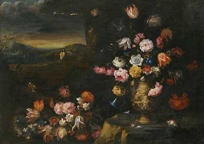 弗朗西斯科·卡尔迪（Francesco Caldei）的《海岸风景中的花瓶静物》
