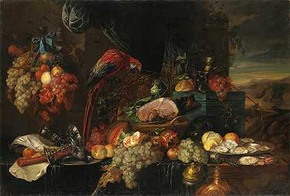 《水果、牡蛎和鹦鹉的静物》，Jan Davidsz de Heem著