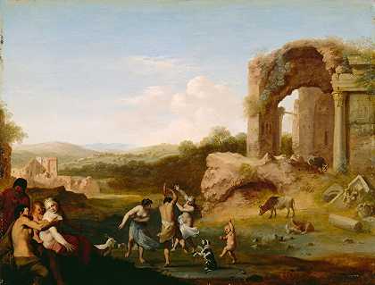 Cornelis Van Poelenburch的《在废墟附近跳舞的人物》