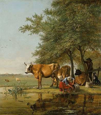 保卢斯·波特（Paulus Potter）的《小溪边有牛和女人在清理桶的风景》