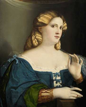 杰科波·帕尔马·伊尔·维奇奥的《穿着蓝色连衣裙的年轻女人，带着扇子》