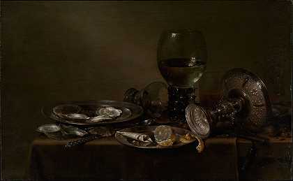 Willem Claesz Heda的《牡蛎、银色塔萨和玻璃器皿的静物》