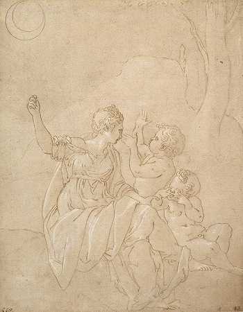 弗朗西斯科·普里马蒂西奥的《带着两个婴儿的古典女性形象（戴安娜或维纳斯）》