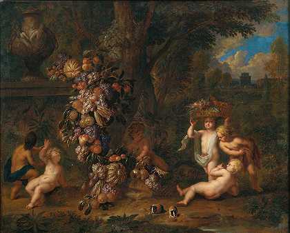 “前景中有六名普蒂人玩着水果花环，两只豚鼠，由年轻的扬·鲍威尔·吉勒曼斯（Jan Pauwel Gillemans the Younger）创作