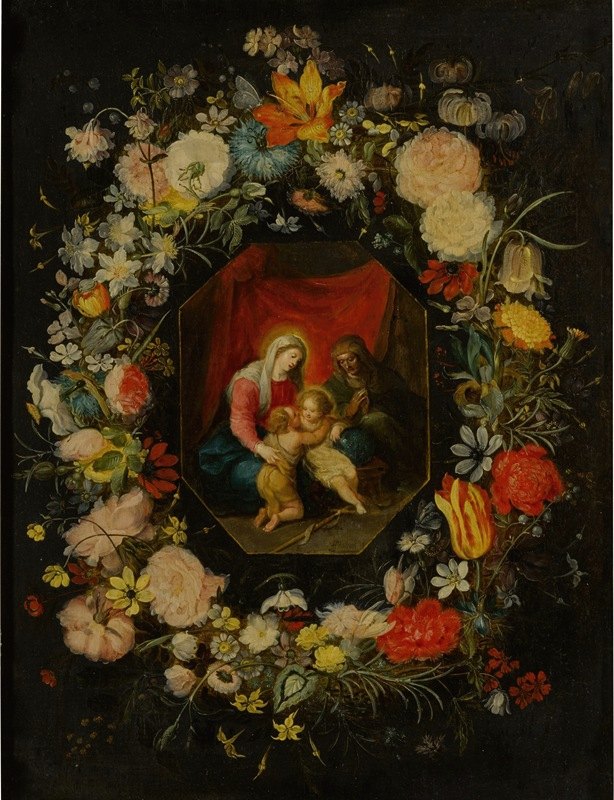 “麦当娜和孩子与圣安妮和施洗者圣约翰在一起，周围是年轻人简·布鲁格尔的花环