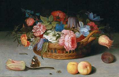 巴尔塔萨尔·范德阿斯特（Balthasar van der Ast）的《柳条篮里的玫瑰、郁金香、鸢尾花和其他花卉，窗台上有水果和昆虫》