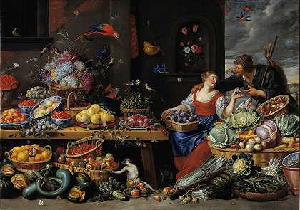 Jan Van Kessel The Elder的《水果和蔬菜市场与年轻水果卖家》