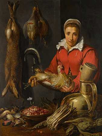 弗兰斯·斯奈德（Frans Snyders）的一位女商人，手里拿着一只公鸡，里面有野味、芦笋、洋蓟、器皿和一碗野生草莓