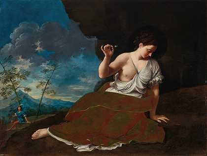 “一个年轻的女人抱着一朵花斜倚在风景中，一个年轻人在远处的多纳托·克雷蒂身旁