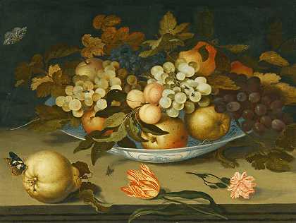 巴尔塔萨尔·范德阿斯特的《一个装有水果的Delft碗的静物，在一个有花、昆虫和蜥蜴的屋檐上》