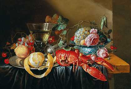 Cornelis Mahu的《水果和煮龙虾的静物》