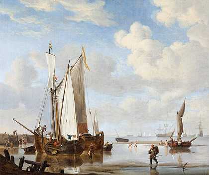 年轻人威廉·范·德·维尔德（Willem van de Velde the Younger）的《靠近海堤的海湾里的一只wijdschip和一只kaag》