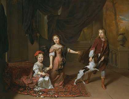 Jan Verkolje的《两个姐姐和他们的哥哥玩狗的肖像》