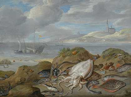 长者扬·范·凯塞尔（Jan Van Kessel）的《沙丘上的海鱼、鲽鱼、鳕鱼、贻贝和其他鱼类的静物》
