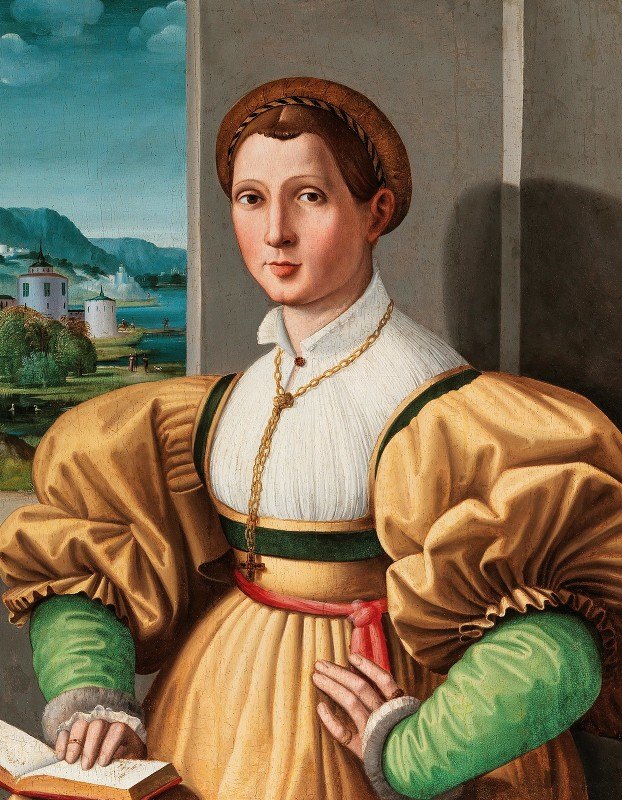 “一位半身女士的肖像，身穿黄色连衣裙，绿色袖子，室内有一本书，Ezechia da Vezzano的《远处的风景》