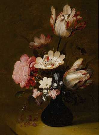 Hans Bollonger的《石壁上玻璃花瓶中郁金香、牡丹、银莲花、风信子和其他花卉的静物》