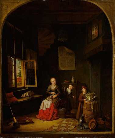 雅各布·范·斯普鲁文（Jacob van Spreeuwen）的《厨房内部，一位坐着的妇女正在剥洋葱，一个孩子躲在她身后，一个小孩拿着桶上的卷心菜》
