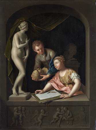 《一个女孩在维纳斯雕像附近画画和一个男孩》，彼得·范德沃夫著