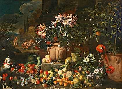 亚伯拉罕·布鲁盖尔的《花与水果、布蒂和动物的静物》