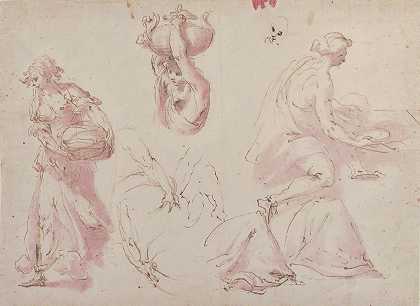 弗朗西斯科·库里亚（Francesco Curia）的《人物研究：提篮子的女人提花瓶的女人》（Figure Studies）和《坐在桌子旁的女人》