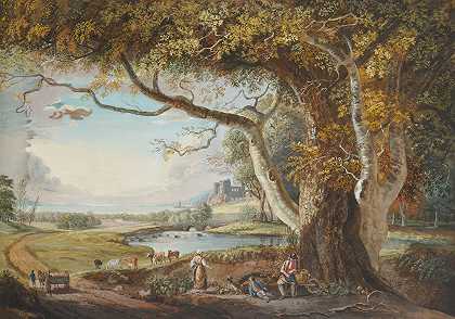 保罗·桑德比的《前景有湖和大树的风景》