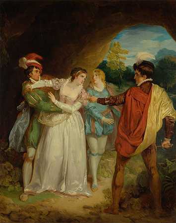 弗朗西斯·惠特利（Francis Wheatley）的《瓦伦丁从莎士比亚的《维罗纳的两位绅士》（The Two Gentles of Verona）第五幕第四场《无法无天》（The Outlaws）洞穴中拯救西尔维亚》
