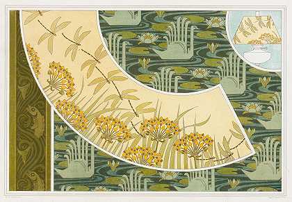 鱼。模具雕带。蜻蜓和蝴蝶，灯罩。天鹅和睡莲，丝绒印刷。莫里斯·皮拉德·弗奈尔
