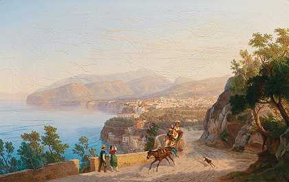卡尔·威廉·格兹洛夫（Carl Wilhelm Götzloff）的《索伦托的风景》（Sorrento），前景是一场家庭郊游