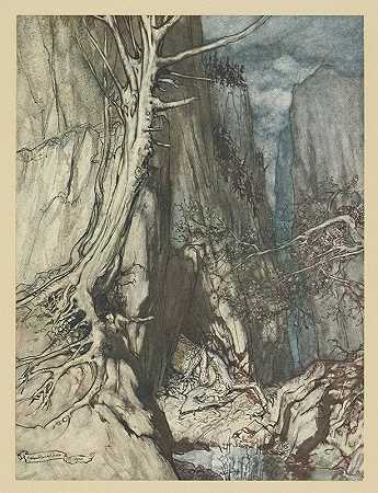 “他在那里寄居着一条可怕的龙，在一个山洞里看守着阿瑟·拉卡姆（Arthur Rackham）的阿尔贝里奇戒指
