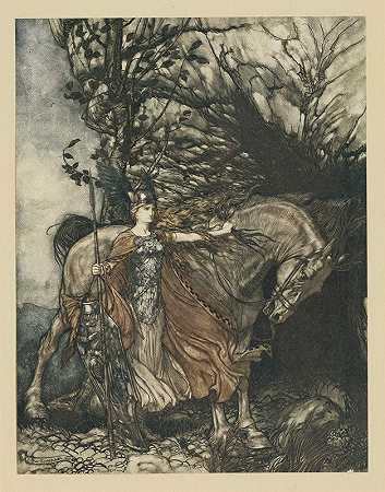 “阿瑟·拉坎姆（Arthur Rackham）在洞口的布伦希尔德和她的马
