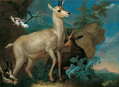 菲利普·费迪南德·德·汉密尔顿的《三只羚羊和一只黑鸟》
