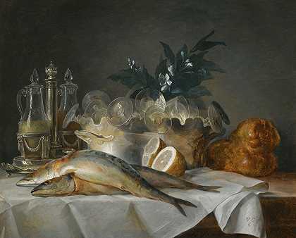 安妮·瓦莱尔·科斯特（Anne Vallayer Coster）的《白布桌上的鲭鱼、玻璃器皿、面包和柠檬的静物》