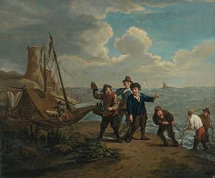 《年轻的扬·约瑟夫·霍雷曼斯（Jan Josef Horemans the Younger）在一条多风的海岸线上向渔民兜售烈酒的小贩》