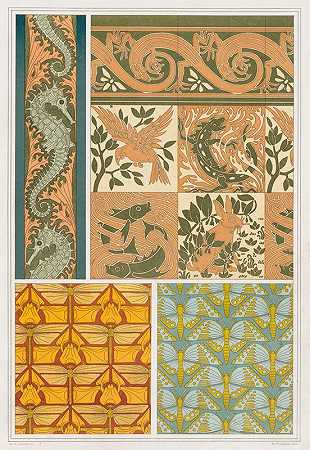 海马和海藻，边缘。四种元素，瓷砖和蜥蜴，边缘。1897年莫里斯·皮拉德·弗奈尔