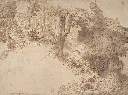 Girolamo Muziano的《森林场景与圣母与孩子的灯光素描》