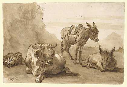 乔瓦尼·多梅尼科·蒂波洛的《一头公牛躺下，两只驴子在风景中》