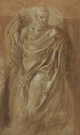 Girolamo Muziano的《古典窗帘中的站立男人》