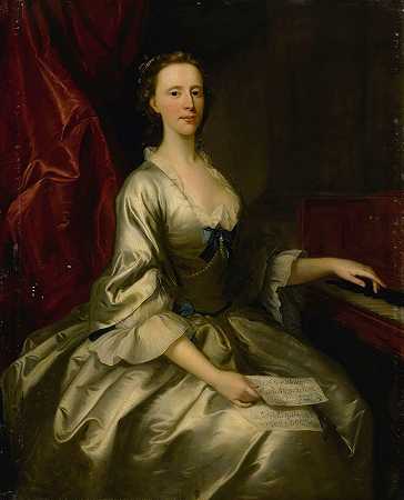 “一位女士的肖像，四分之三长，坐在一个竖琴旁，拿着一张艾伦·拉姆齐的乐谱