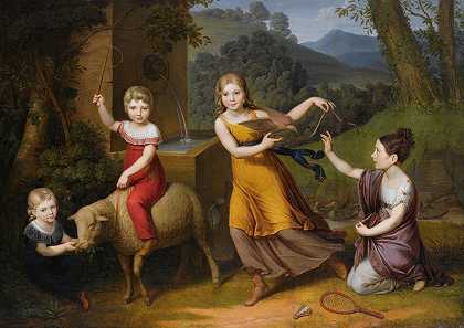 安东·皮特的《四个孩子的肖像，全长，风景画，一只羊和一只龟鸽》